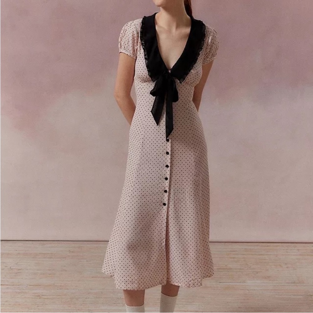 Kimchi Blue Blush Pink Polka Dot Midi Dress with Black Collar - Picture 2 of 7